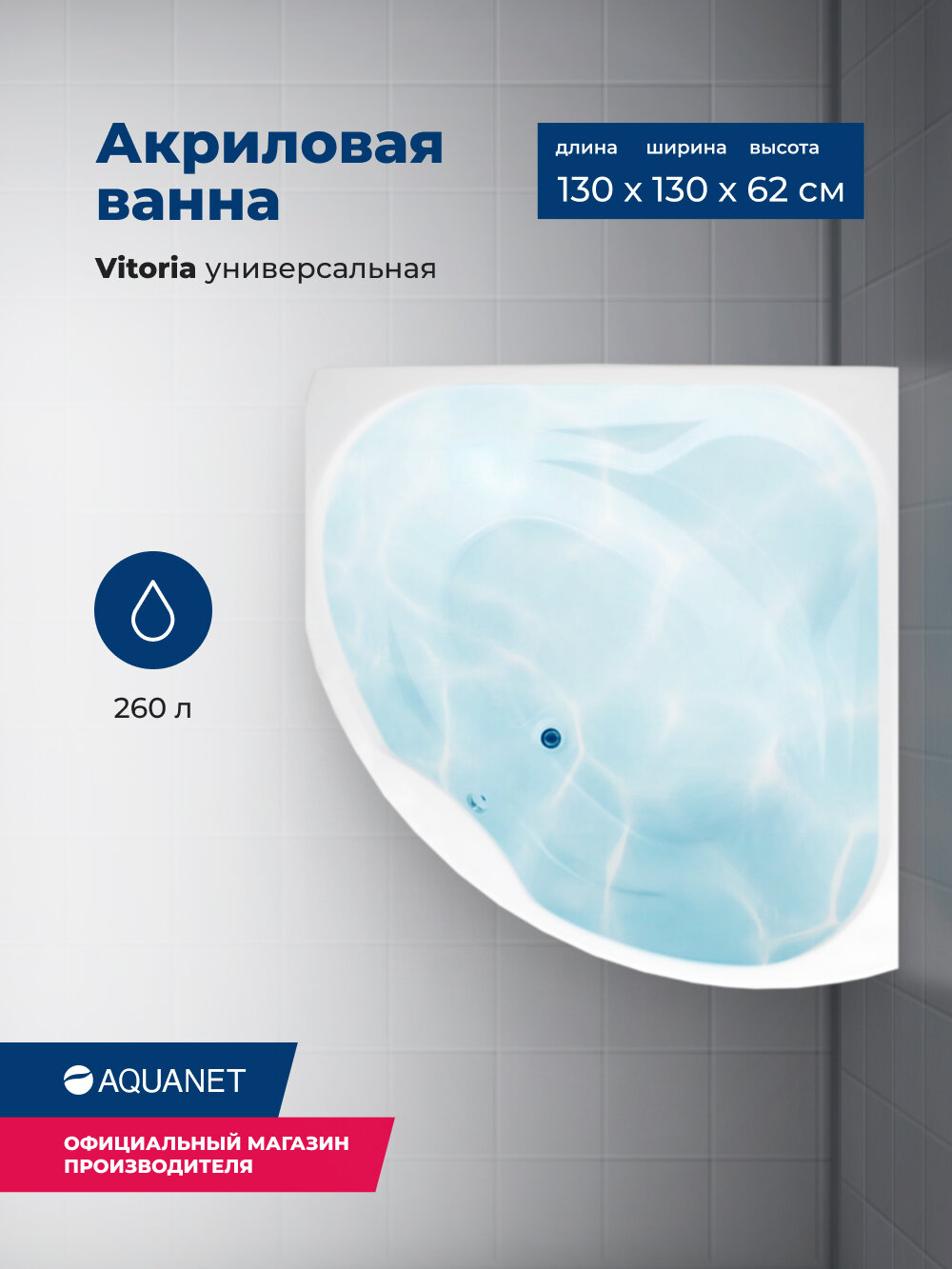 Акриловая ванна Aquanet Vitoria 130x130. Комплект 3 в 1: ванна с каркасом и лицевой панелью