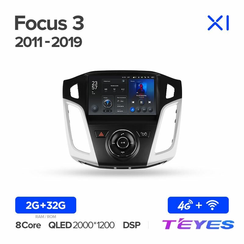 Магнитола Ford Focus 3 Mk 3 2011-2019 Teyes X1 4G 2/32GB, штатная магнитола, 8-ми ядерный процессор, IPS экран, DSP, 4G, Wi-Fi, 2 DIN