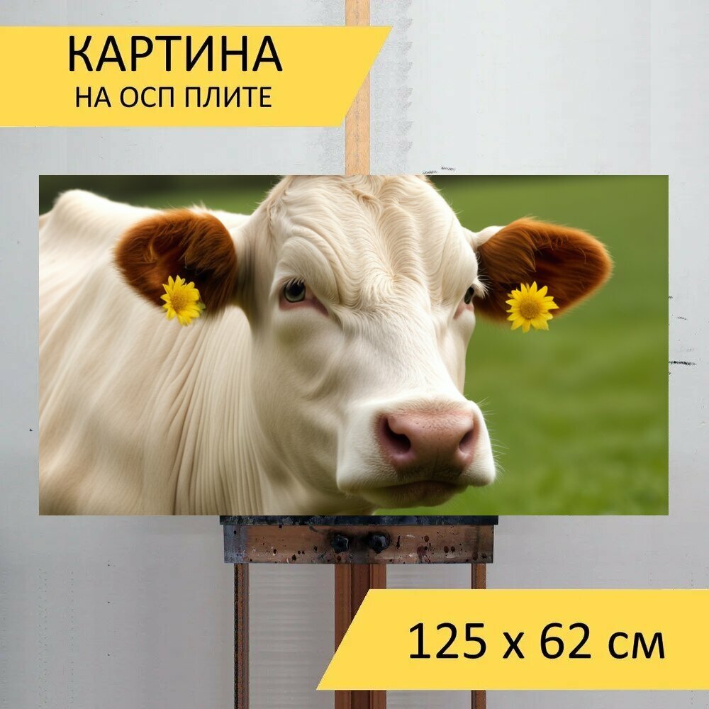 Картина на ОСП любителям природы "Животные, корова, белая" 125x62 см. для интерьера на стену