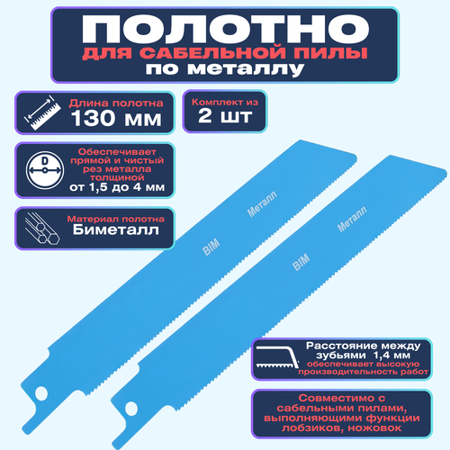 Полотно для сабельной пилы по металлу 130 мм 2 шт Обладают высокой прочностью и не подвержены деформации Используются для работы с металлическими изделиями и заготовками 964₽