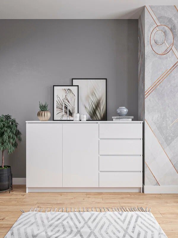 Комод широкий белый без ручек 160x99x40 с дверцами и ящиками