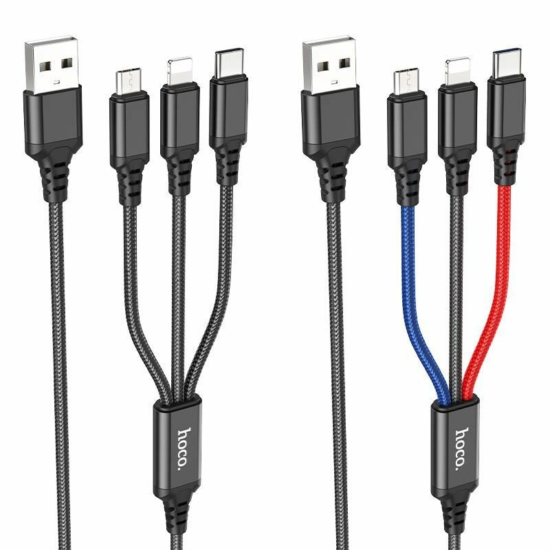 Hoco Провод для зарядки телефона 3в1 для iPhone, iPad, Airpods, андроид / USB-C - Lightning - Micro-USB, кабель 1 метр, разноцветный