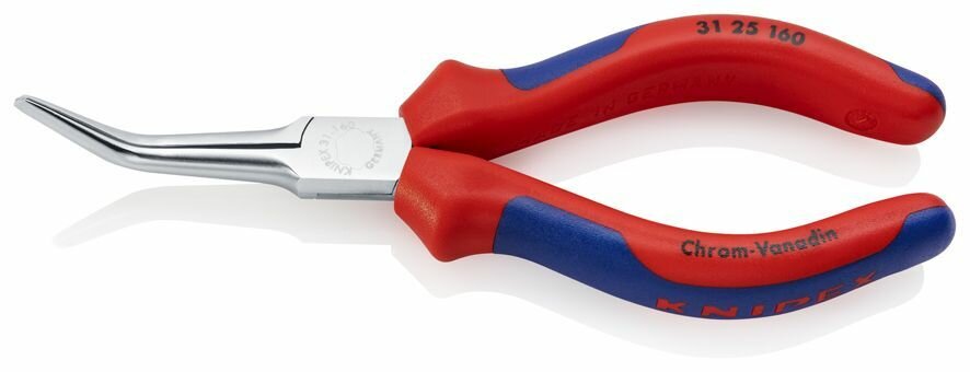 Длинногубцы KNIPEX, острые плоские гладкие губки 55 мм 45 град, длина 160 мм, хром, 2-комп ручки KN-3125160