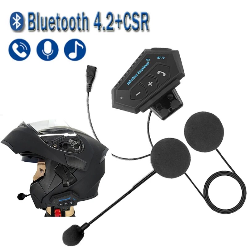Беспроводная bluetooth-гарнитура BT12 для мотоциклетного шлема, с шумоподавлением, bluetooth V4.2, с микрофоном, Черный — фото 1