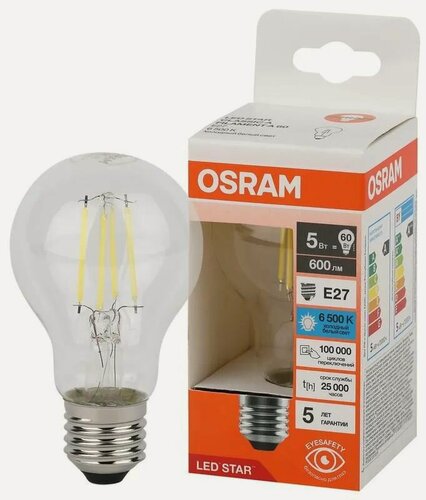 Изображение товара 3шт/уп. Лампа LED Груша 5Вт 220-240В E27 600Лм 6500К Угол 300 град. d 60mm h 105mm Филаментная Стекло Свет Холодный белый Osram, уп. 3шт