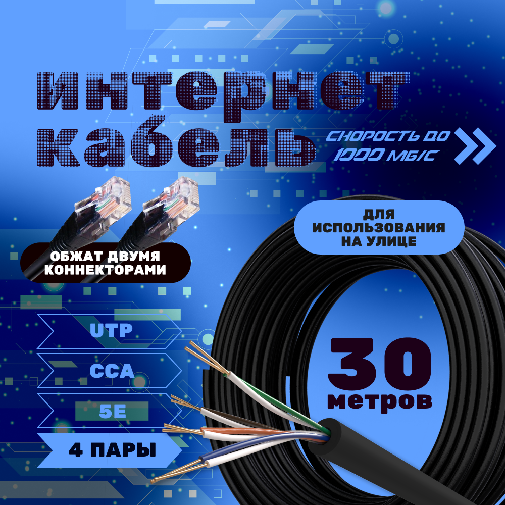 Интернет кабель витая пара ZDK Уличный CCA (30 метров, обжат, 2 коннектора, UTP, для видеонаблюдения)