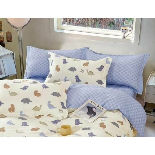 COROCOCO Наволочка на молнии Синяя шахматка (Разноцветные динозаврики) 40х60