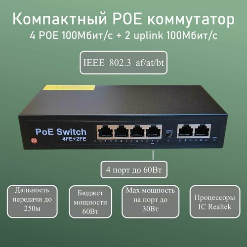 YDA Коммутатор POE свитч с 4POE 2Uplinк 100 Мбитс дальность до 250 метров бюджет 60 Ватт черный матовый 2000₽