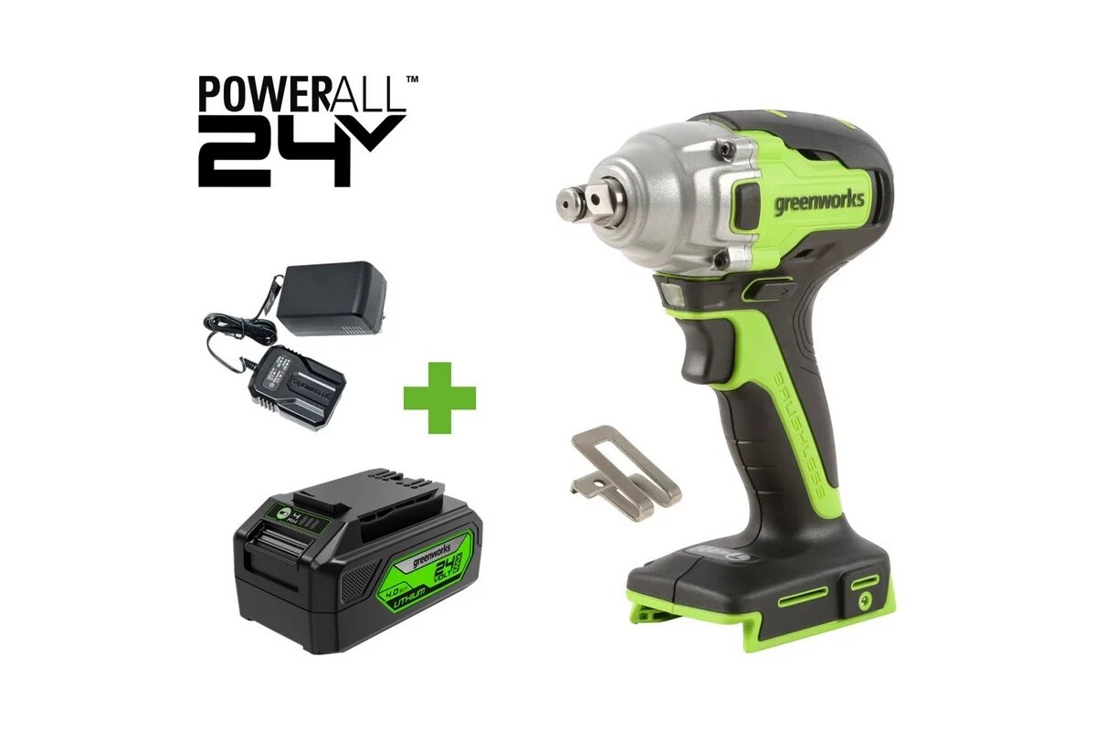Гайковерт ударный GreenWorks GD24IW400 24V б/щет 0-2800об/мин 4000уд/мин 1/2' 400Нм 1x4Ач ЗУ коробка 3802907VUB