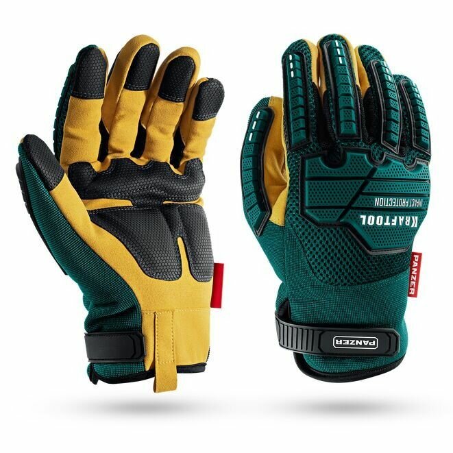 Перчатки комбинированные профессиональные, виброзащита, увеличенные противоударные накладки, KRAFTOOL PANZER р. XL (10)
