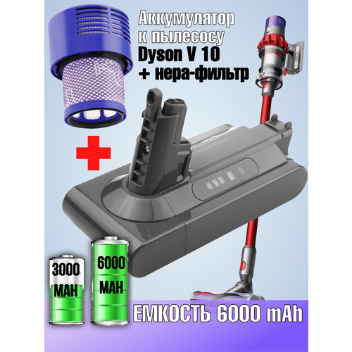 Аккумуляторная батарея для Dyson V10 +1 Фильтр, SV12, Absolute, Cyclone, Animal (6000mAh)
