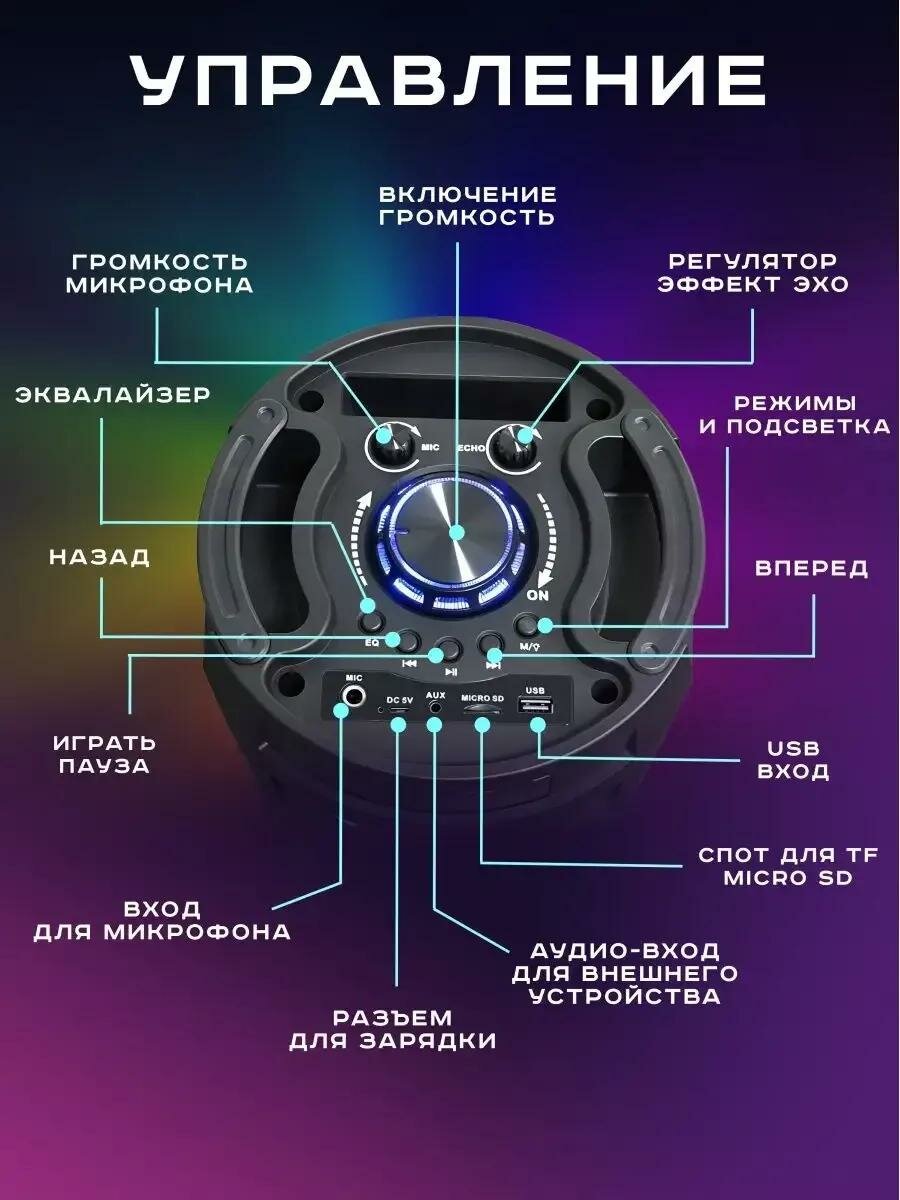 Колонка 6201 Bluetooth, Беспроводная с микрофоном и караоке, Акустическая система, Черный — фото 1