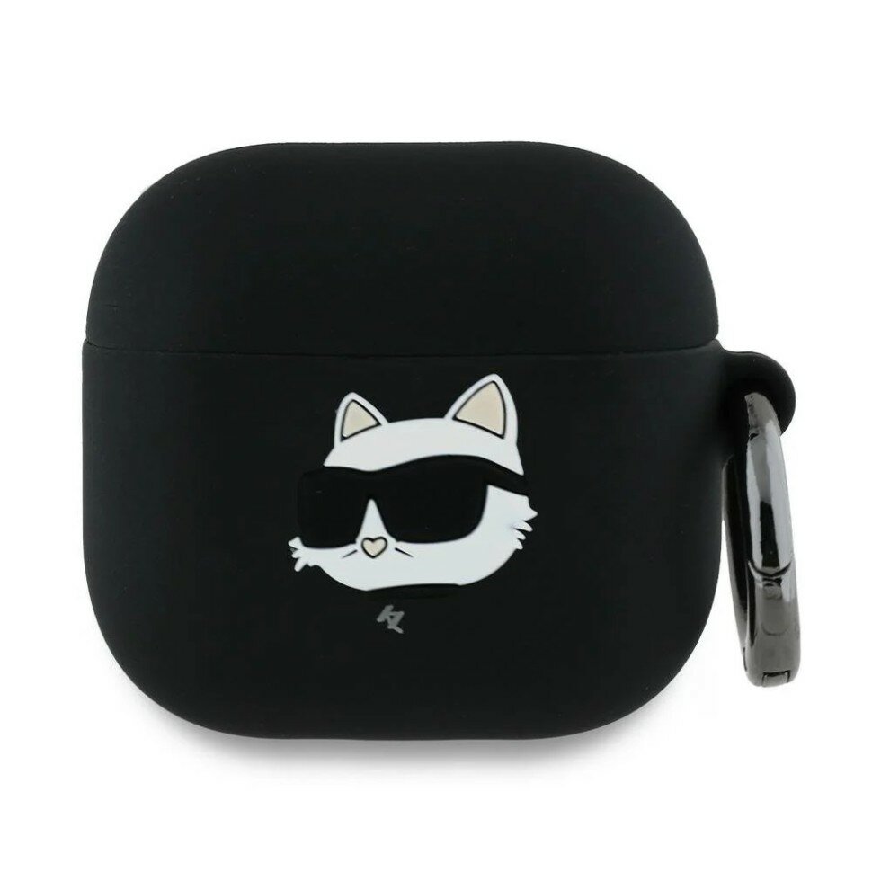 Karl Lagerfeld силиконовый чехол с карабином для Airpods 4, NFT 3D Choupette черный