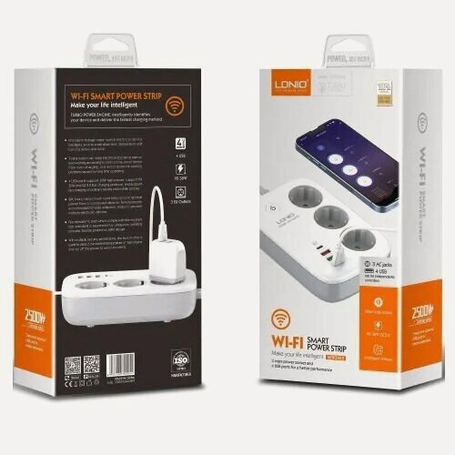 Изображение товара Cетевой фильтр LDNIO SEW3452 Smart Power Strip Wi-Fi, 3 розетки EU + 1C PD30W +1U QC3.0 18W +2U Auto ID 12W, 2 м EU, Черный+Серый