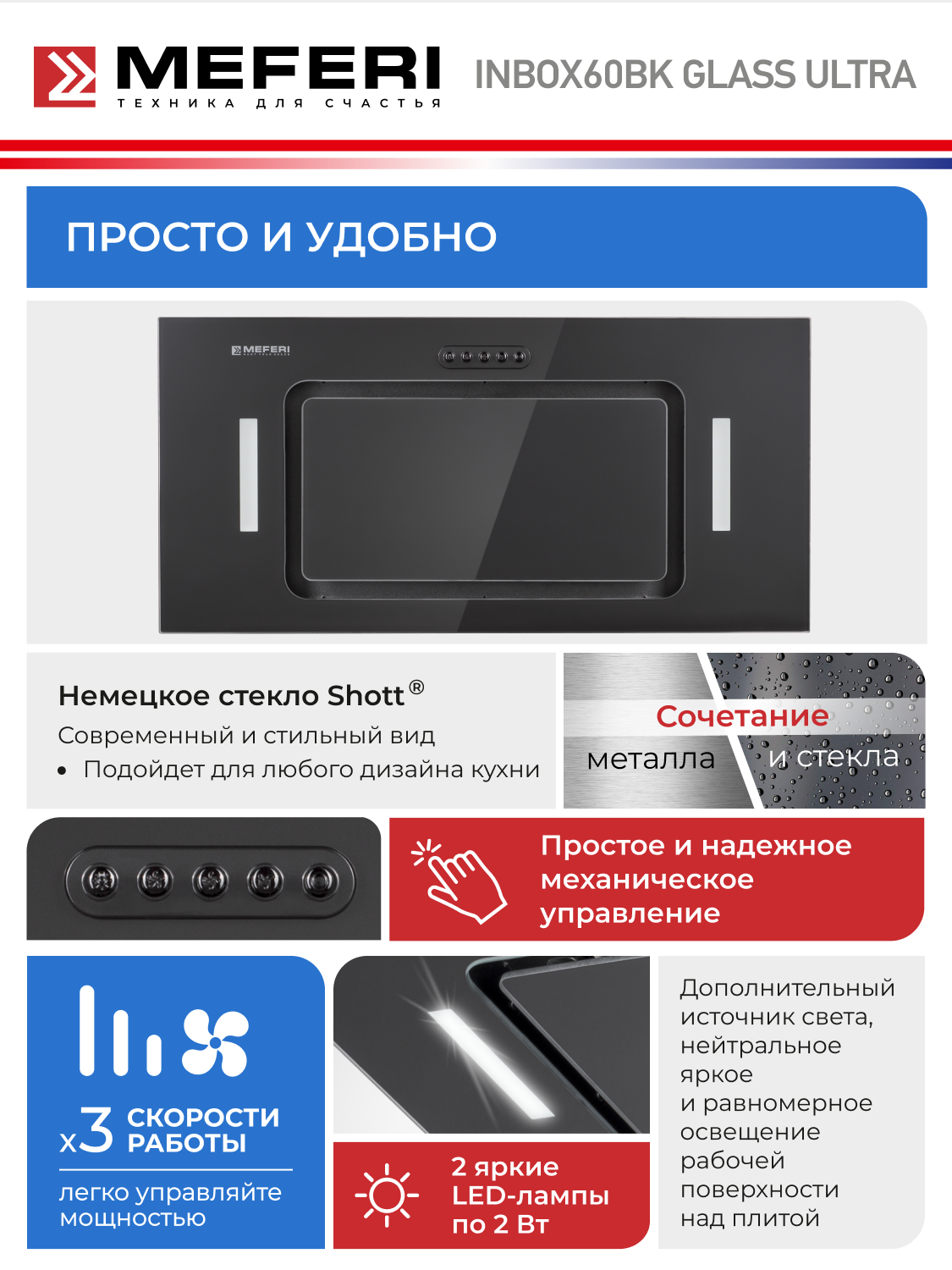 Вытяжка кухонная MEFERI INBOX60BK GLASS ULTRA на 60 см встраиваемая, черная, производительность 900м3/ч, стекло — фото 1