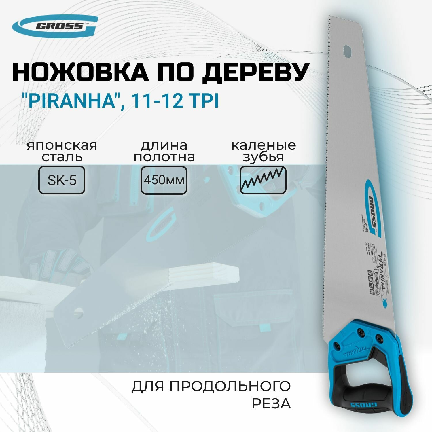 Ножовка по дереву "Piranha", 450 мм, 11-12 TPI, зуб-3D, каленый зуб, двухкомпонентная рукоятка Gross
