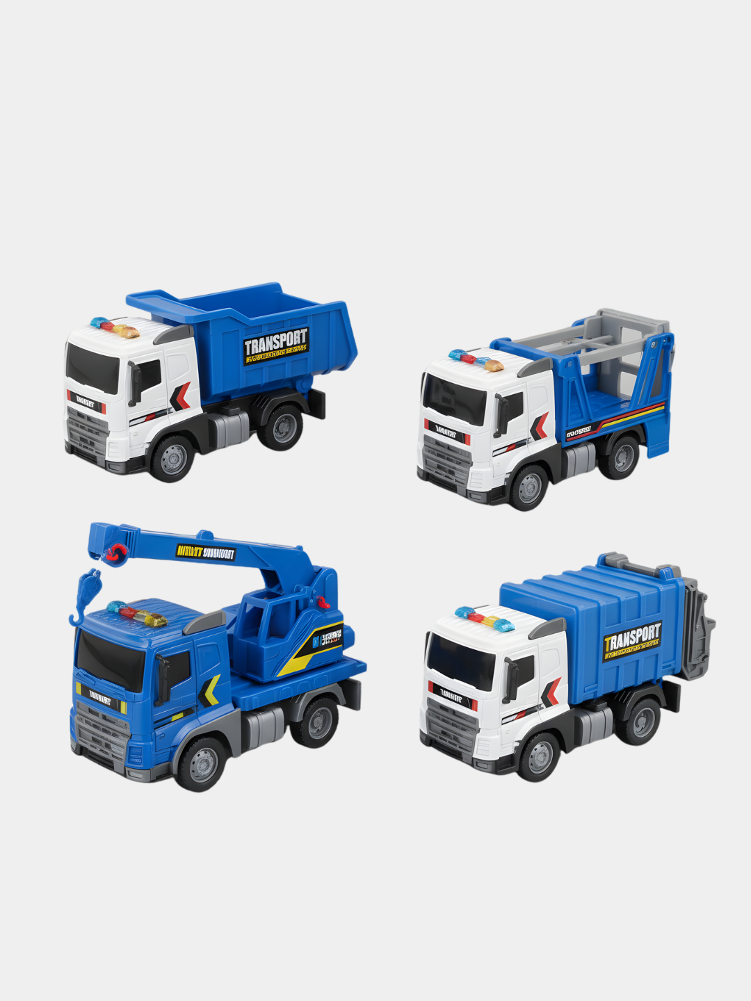 Набор машин, служебный транспорт, мусоровоз, кран, эвакуатор, набор 4 машины — фото 1
