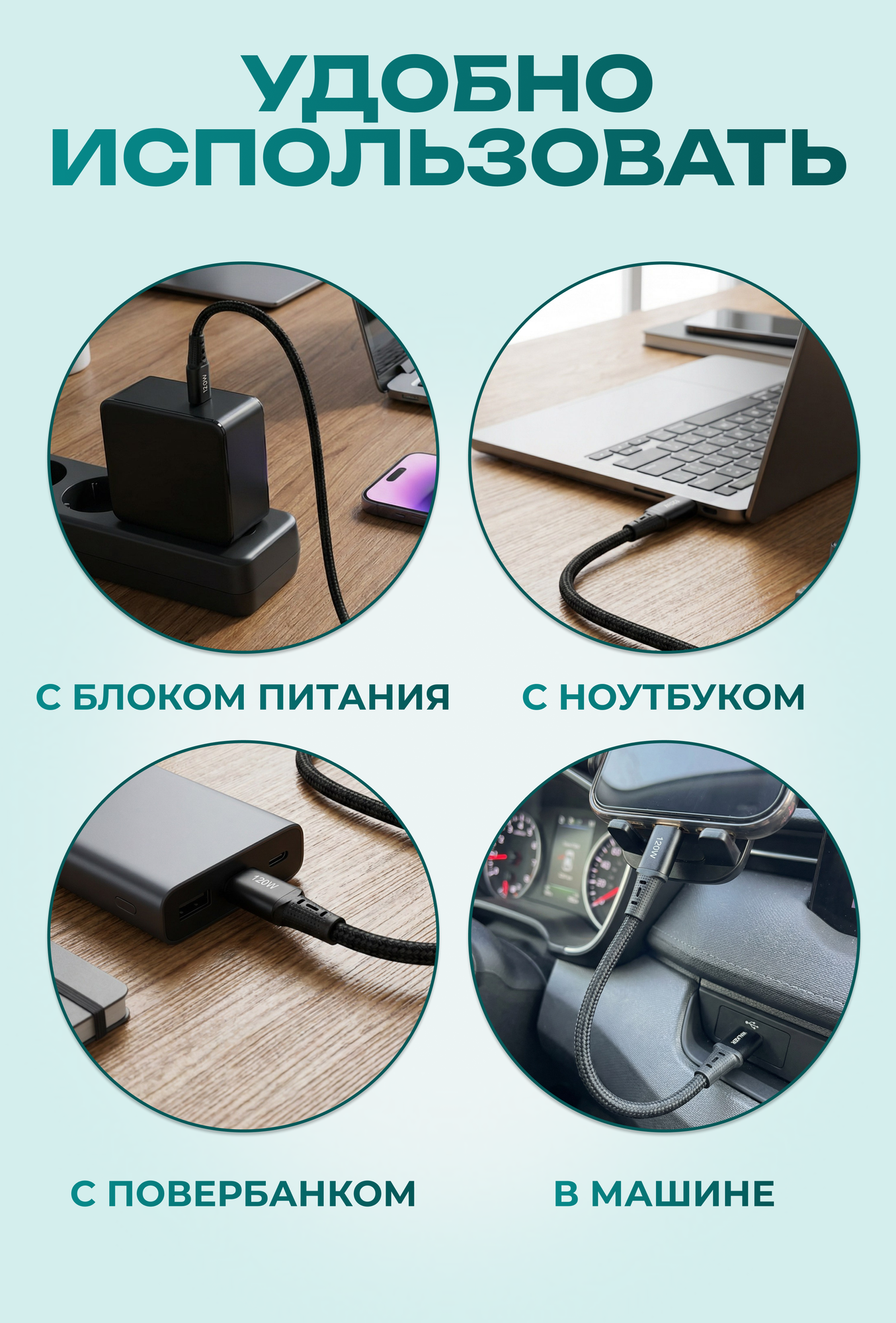 Кабель 0,2 метра, 120Вт, нейлон, Type-C-Type-С, зарядка для телефона, айфона, черный, быстрая зарядка — фото 1