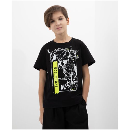 фото Футболка с лакированным принтом черная gulliver, цвет чёрный, размер 158