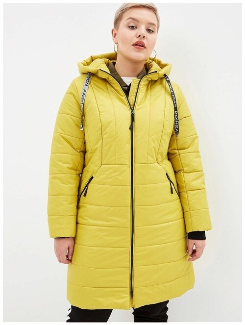 куртка  KiS демисезонная, удлиненная, силуэт полуприлегающий, утепленная, несъемный капюшон, манжеты, капюшон, размер (46)164-92-98, желтый, горчичный