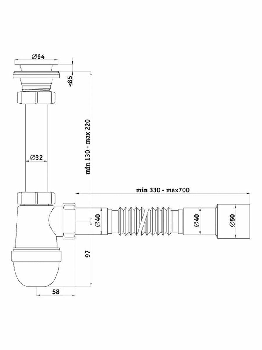 Сифон для раковины 1 1/4"х40 с гибкой трубой 40х40/50мм - фотография № 4