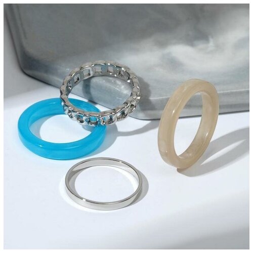 фото Комплект бижутерии queen fair кольцо набор 4 штуки "кристаллы" арабика, цвет бежево-голубой в серебре, размер, бежевый, голубой