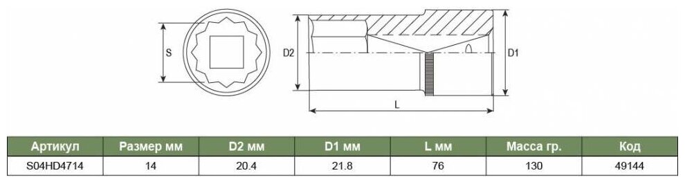 Головка 12 гранная длинная Jonnesway 14мм 1/2DR - фото №11