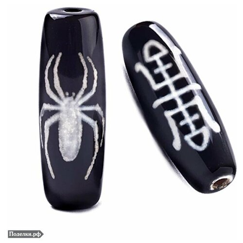 Бусина Дзи натуральный камень Агат черный с белым Счастье и Паук 0010834 цилиндр 30x12 мм, цена за 1 шт.