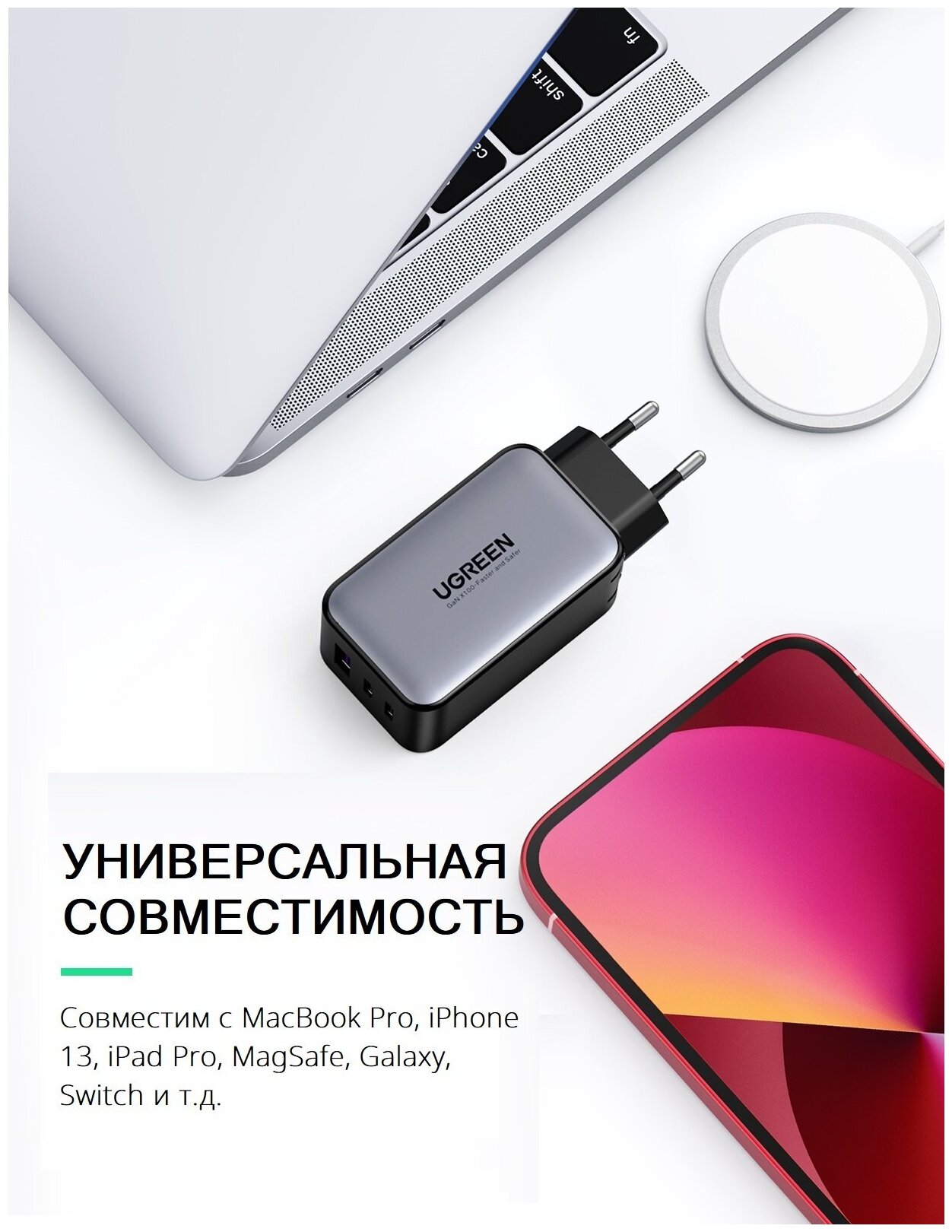 Зарядное устройство сетевое UGREEN 15334_ USB-A/2*USB-C, 65W, белый - фото №9