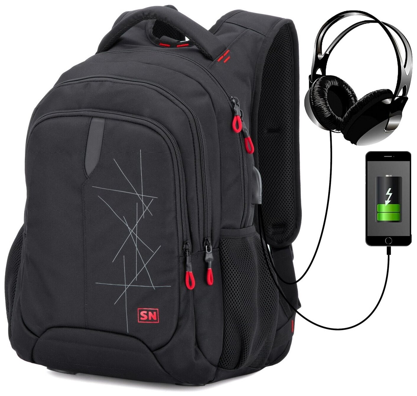 Рюкзак школьный для подростка, черный городской для мальчика/девочки, с анатомической спинкой и USB-слотом, 30 л, SkyName (СкайНейм)