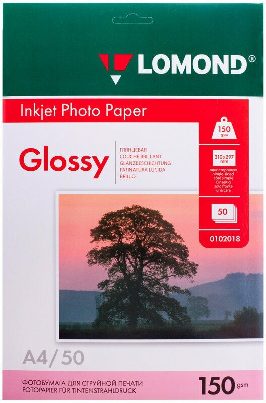 Фотобумага А4 для стр. принтеров Lomond, 150г/м2 (50л) глянцевая односторонняя, 104560