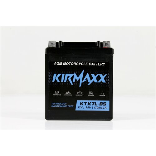 Мото аккумулятор KirMaxx KTX7L-BS (YTX7L-BS) стартерный для мотоцикла, квадроцикла, скутера AGM 12V 7 а/ч