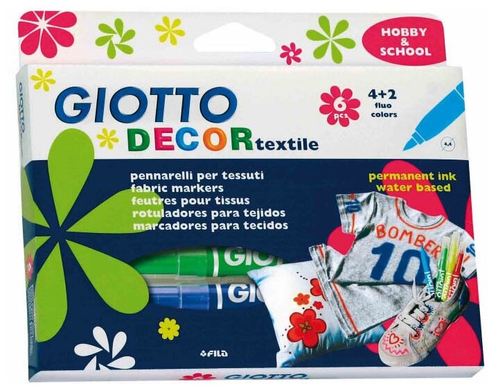 Набор фломастеров цветных Giotto Decor Textile, для ткани, стойкие, картонная коробка 6 цветов