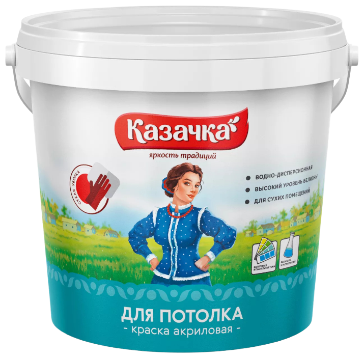 Краска воднодисперсионная, Казачка, W-1, для потолков, матовая, 1.4 кг