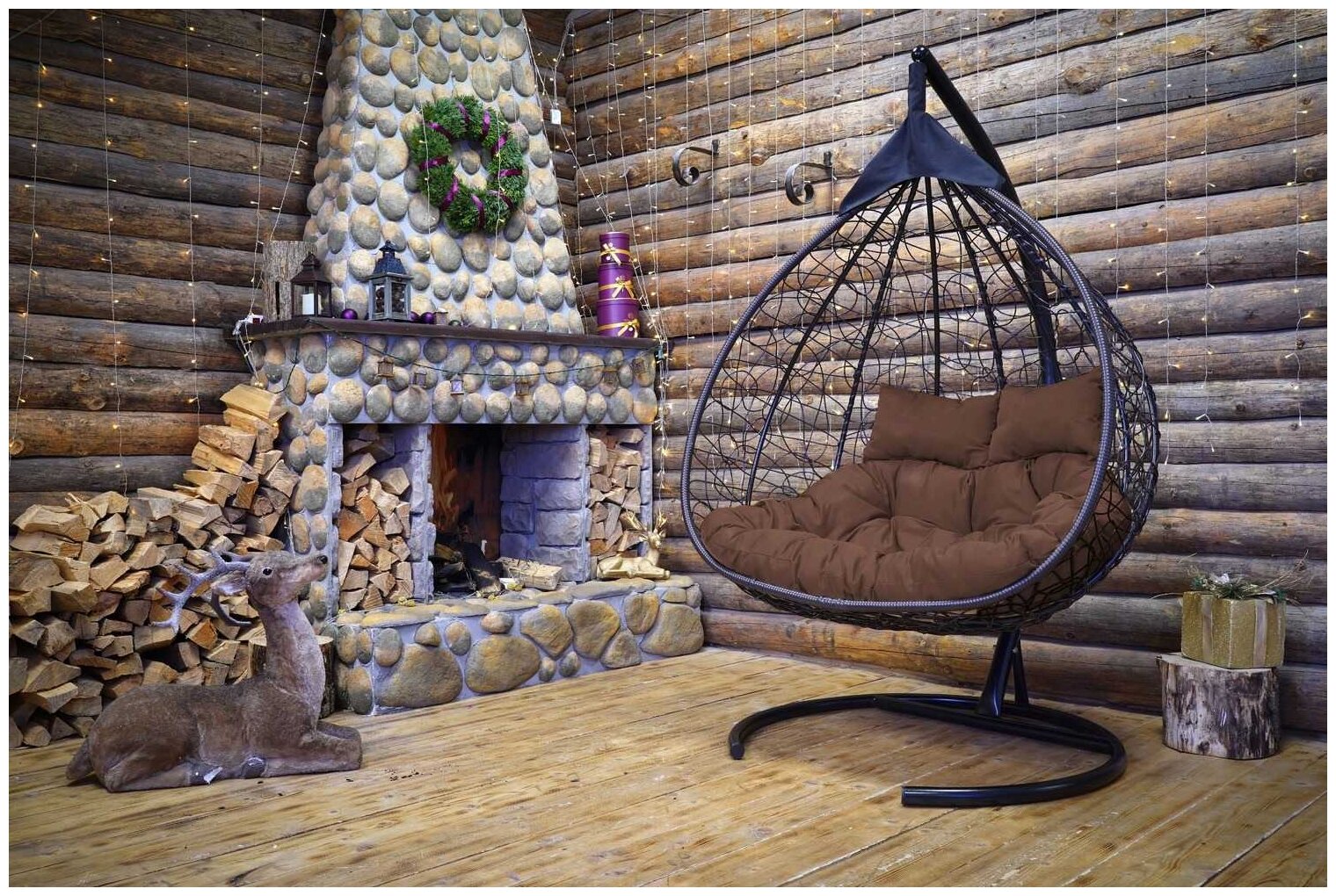 Подвесное кресло кокон двухместное LAURA OUTDOOR FISHT коричневое + коричневая подушка (полиэстер) - фотография № 2