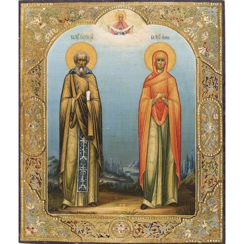 икона святой сергий радонежский деревянная икона ручной работы на левкасе 40 см Святой Сергий Радонежский и преподобная Анна деревянная икона на левкасе