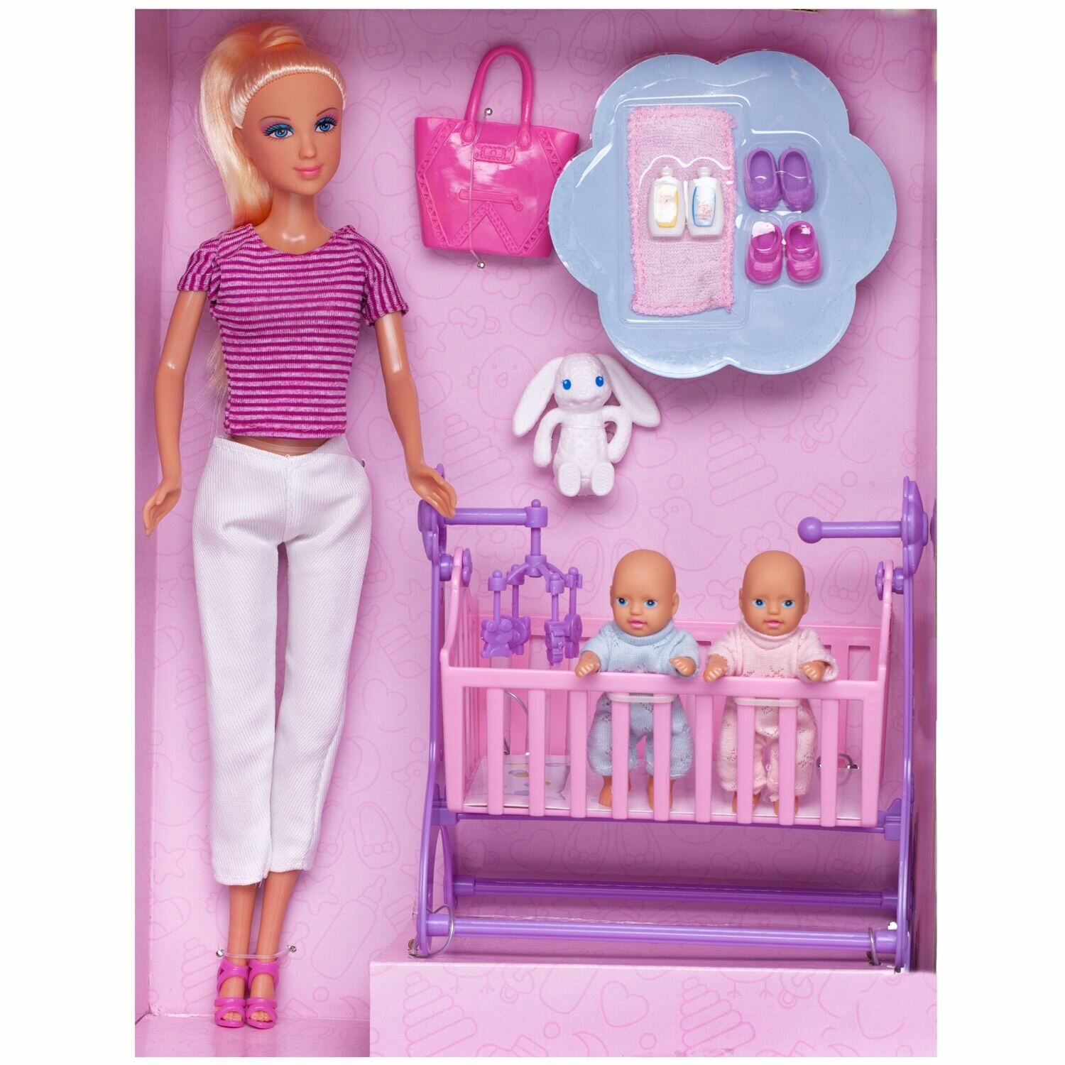 Игровой набор Кукла Defa Lucy Молодая мама с 2 близнецами в кроватке (полосатая футболка, белые брюки) 8359d/полосатая