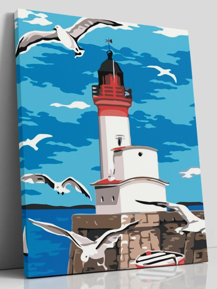 Картина по номерам на холсте с подрамником, "Маяк, море, чайки", 40х50 см