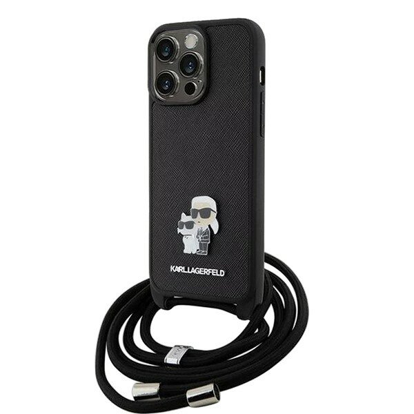 Karl Lagerfeld чехол со шнурком для iPhone 15 Pro Max, кроссбоди из кожи Saffiano, NFT Karl & Choupette метал. значок