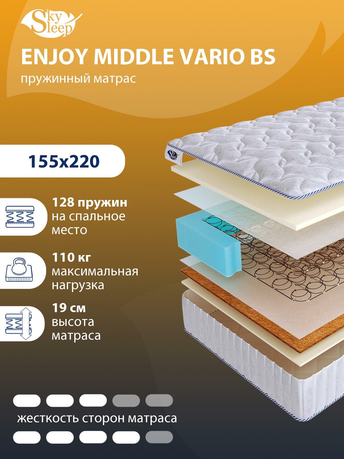 Ортопедический матрас SkySleep с зависимыми пружинами ENJOY MIDDLE VARIO BS на кровать 155x220