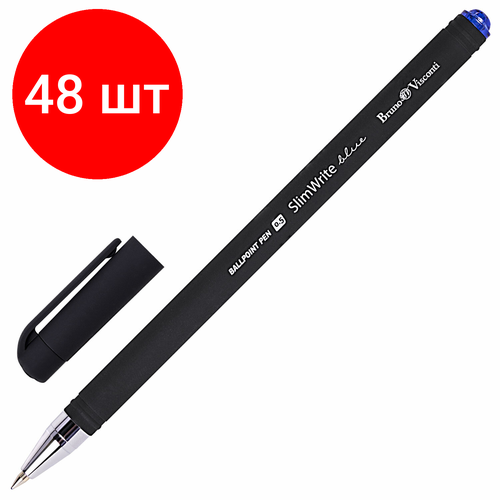 Комплект 48 шт, Ручка шариковая BRUNO VISCONTI SlimWrite, Black, синяя, корпус черный, узел 0.5 мм, линия письма 0.3 мм, 20-0009 ручка шариковая bruno visconti funwrite синяя милитари узел 0 5 мм линия письма 0 3 мм 20 0212 06