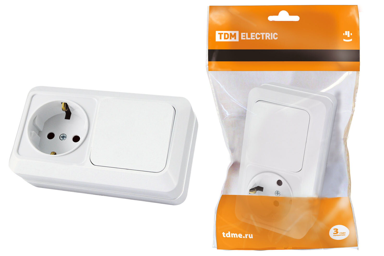 фото Блок комбинированный выкл. 1-кл. 10А + розетка 2П+З 16А 250В бквр IP20 белый "Ладога" TDM