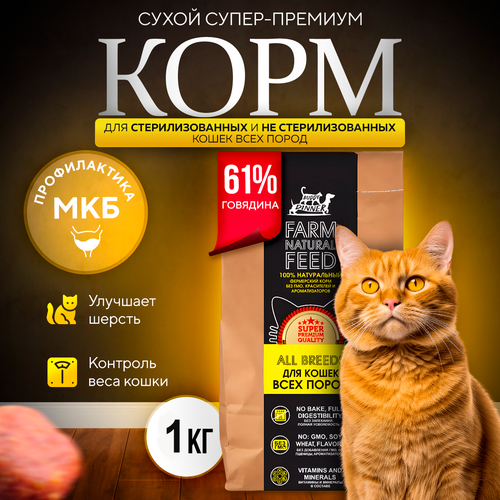 Сухой корм для кошек с говядиной 1 кг, Super Premium класса Hypoallergenic BUDDY DINNER Gold Line