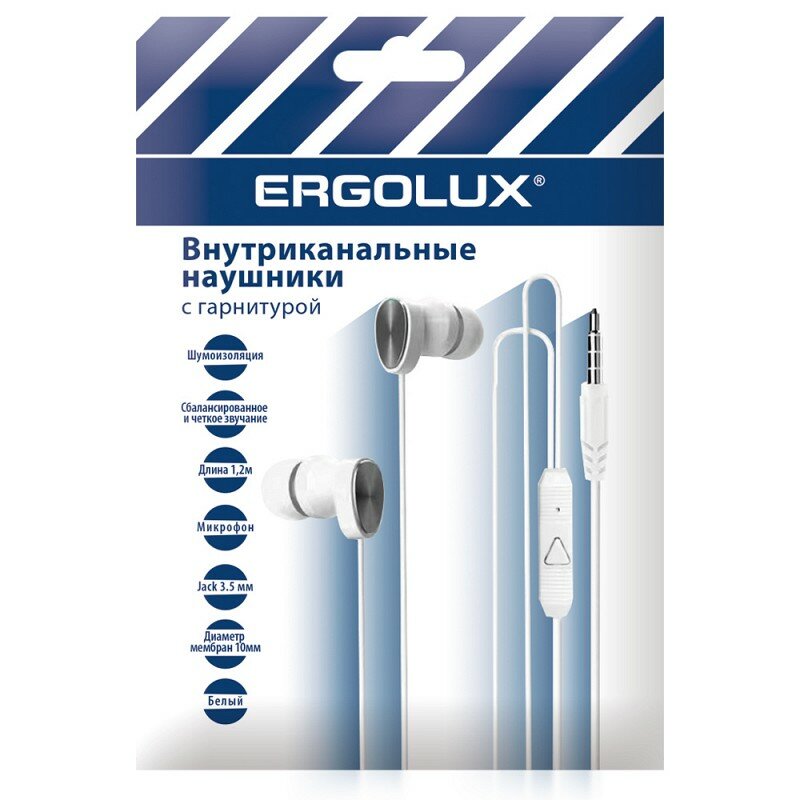 ERGOLUX ELX-WHP02P-C01 промо (Наушники вакумные с микрофоном проводные 3.5мм 12м Белые Пакет) цена за 1 шт.