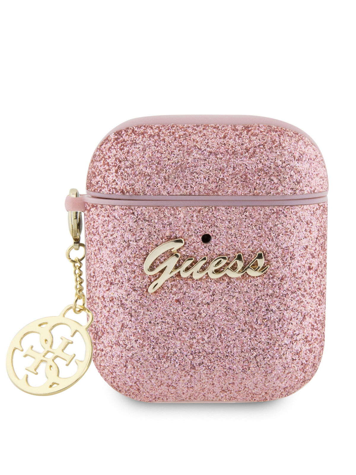 Guess для Airpods 1/2 чехол Glitter flakes Metal logo with Charm Pink