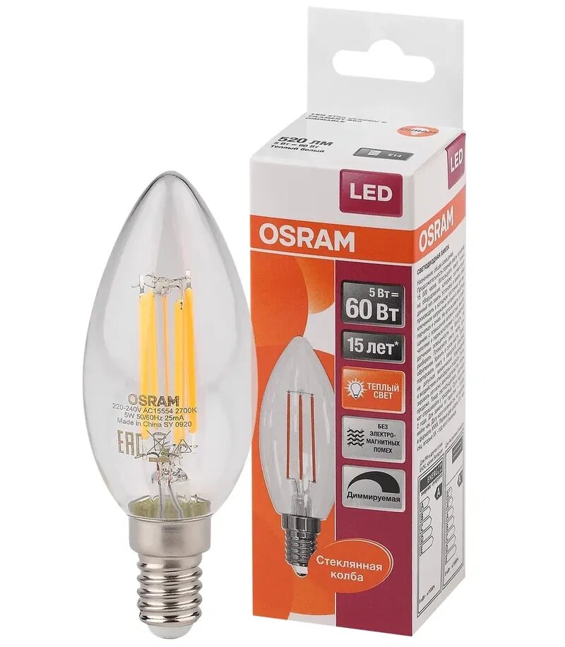 Лампочка светодиодная OSRAM Свеча B E14 5Вт 220В 470Лм 3000К Теплый белый Филаментная Диммируемая уп. 1шт