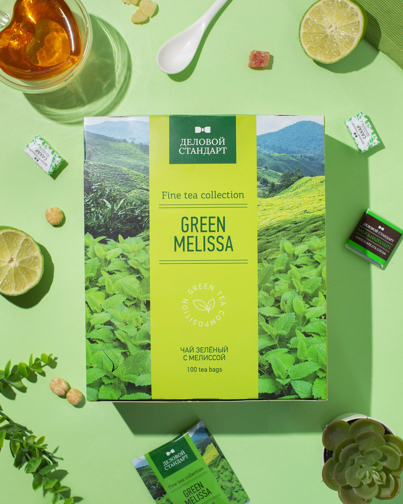 Чай Деловой Стандарт Green melissa зеленый с мелиссой 100 пакетиков