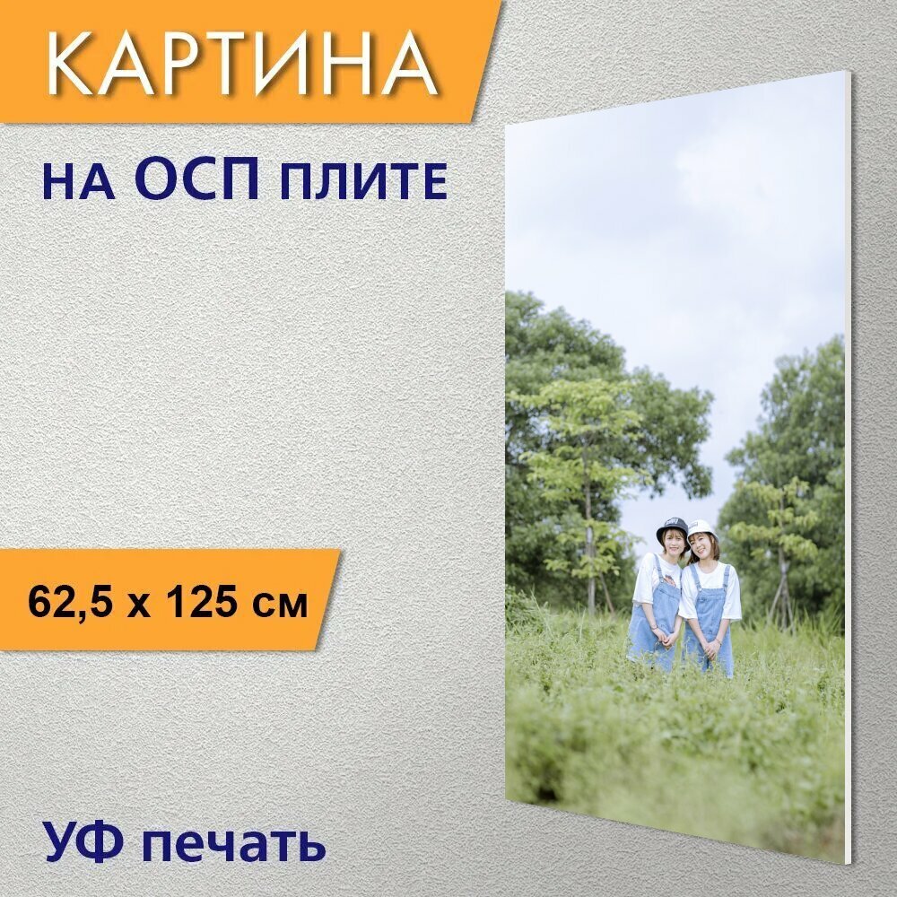 Вертикальная картина на ОСП "Лучшие друзья, девушки, луг" 62x125 см. для интерьериа