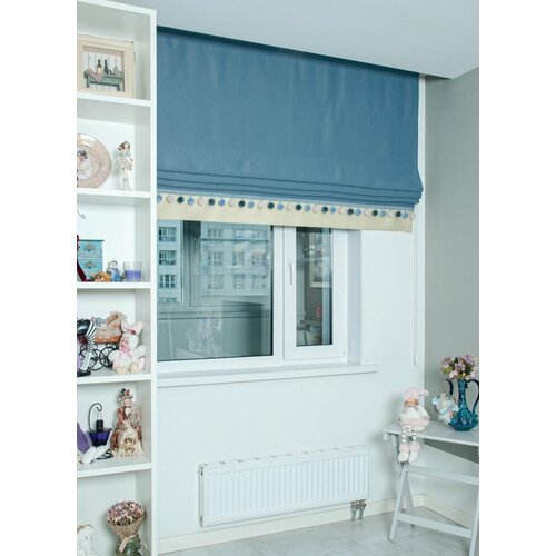 Римские шторы блэкаут на окна для комнаты, Моя Штора, ширина 140 см х высота 140 см, Серо-синий/Шампань