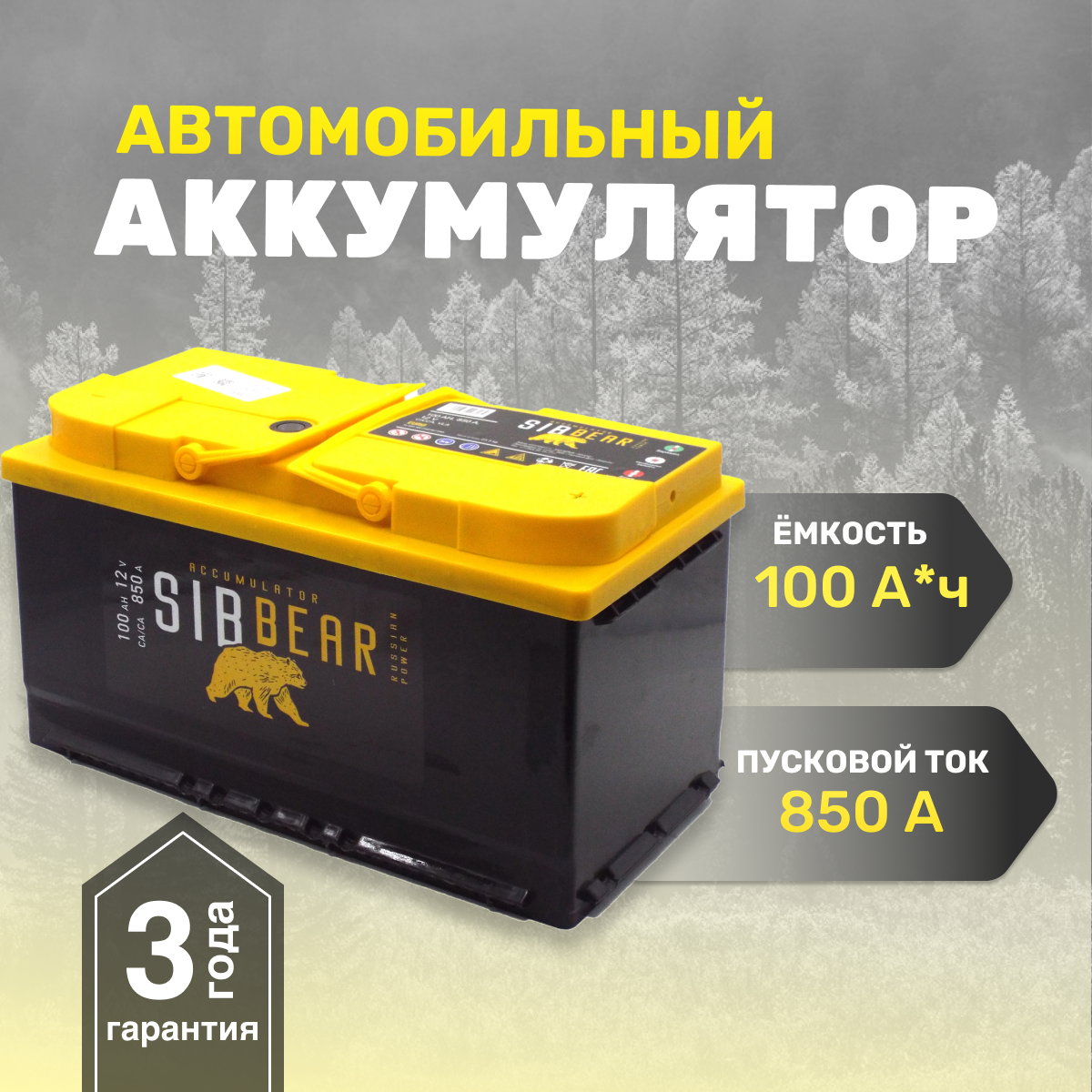 Аккумулятор автомобильный SIBBEAR 100 А*ч о. п. 353х175х190 Обратная полярность